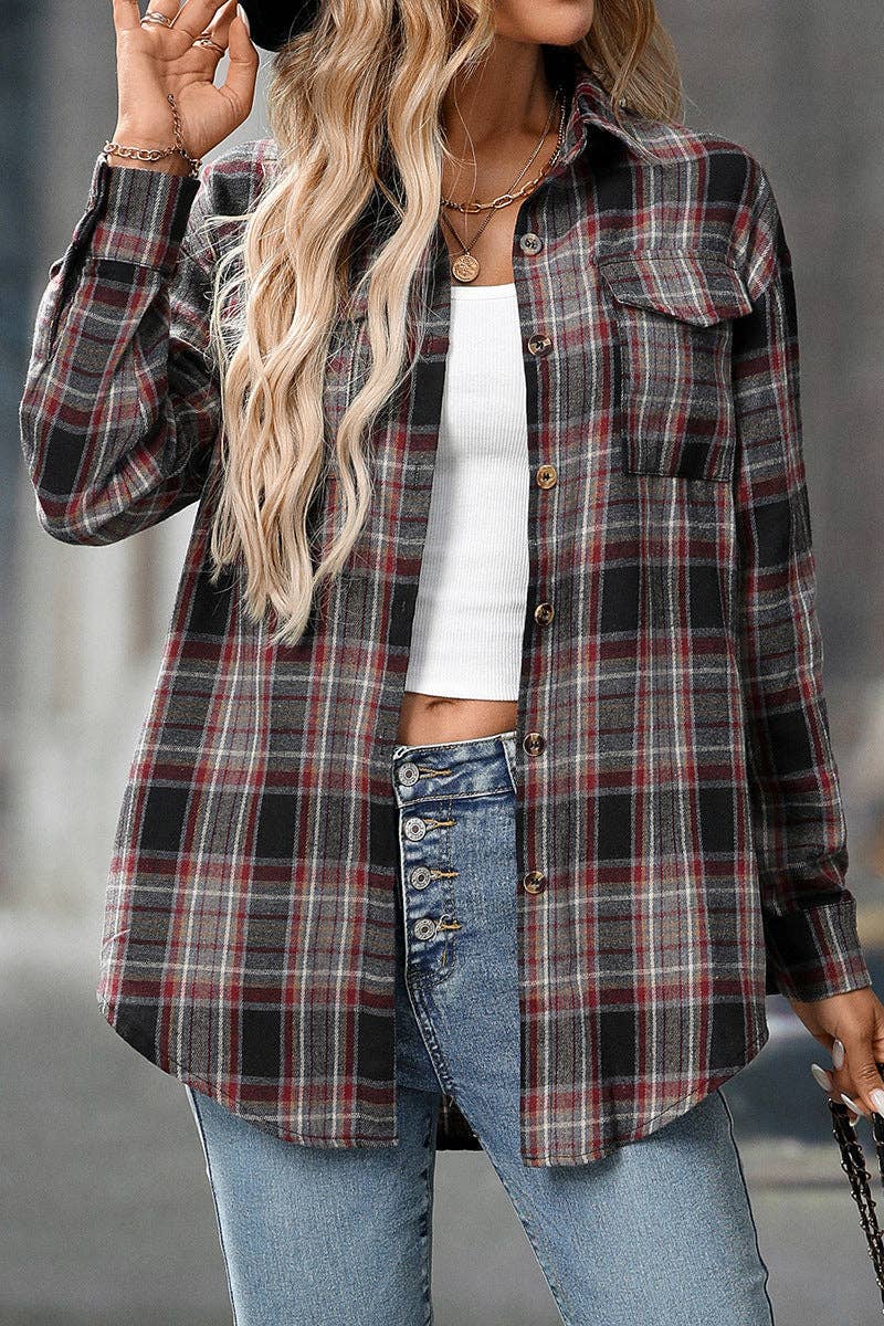 Plaid Button Down Shirt with Chest Pockets and Tie Hem