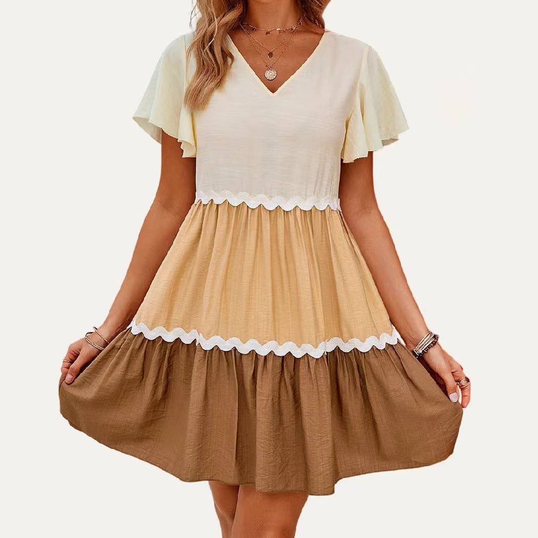 Cutie Color Blocks Round Neck Short Sleeve Mini Dress