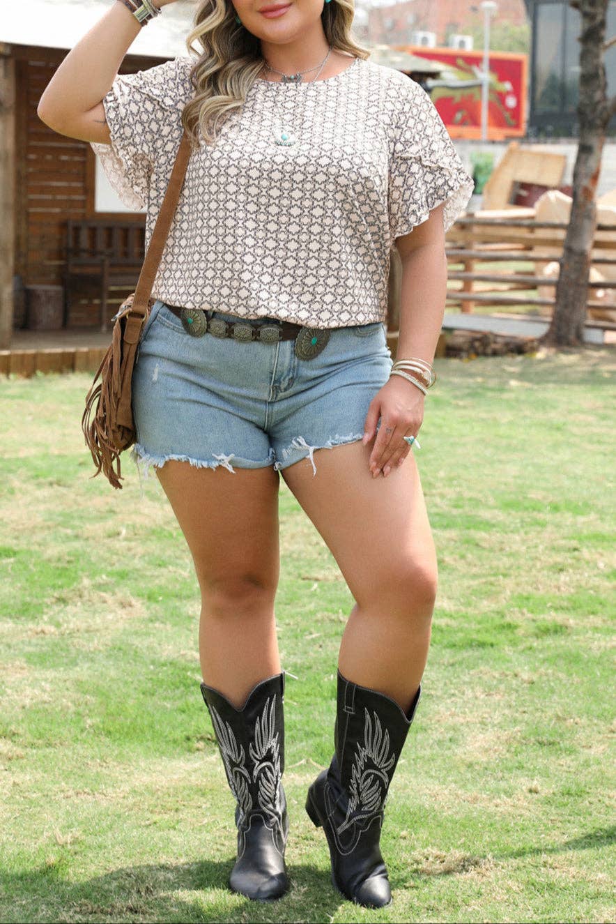 Plus Size Geometric Ruffle Sleeve Blouse
