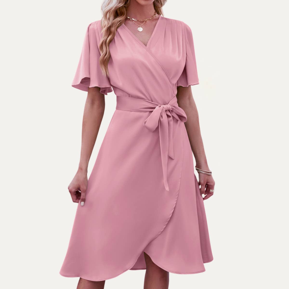 Elegant Lady Satin Flutter Sleeves Faux-Wrap Midi Dress