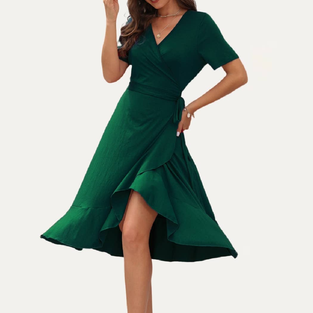 Minimalist Chic One-Piece Wrap Short Sleeve Midi Dress
