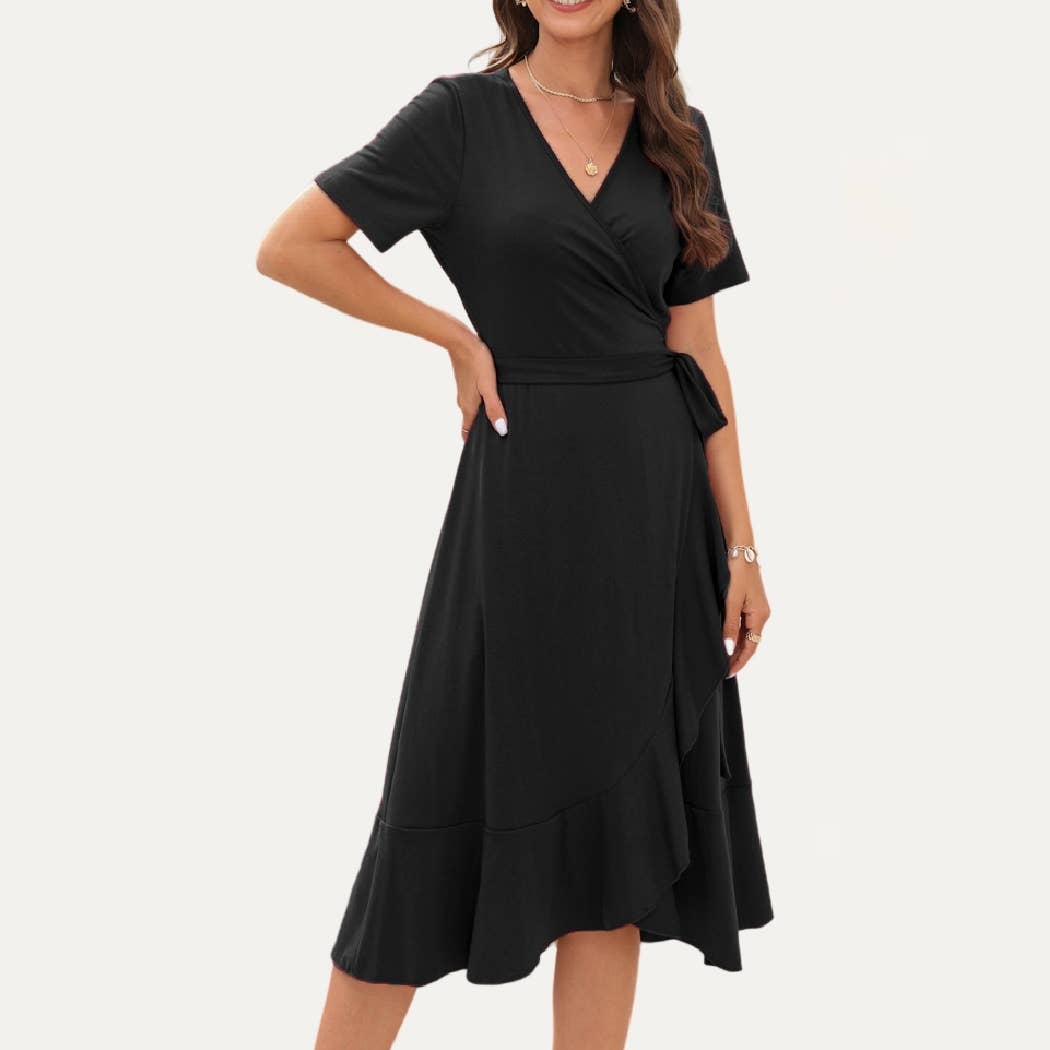 Minimalist Chic One-Piece Wrap Short Sleeve Midi Dress