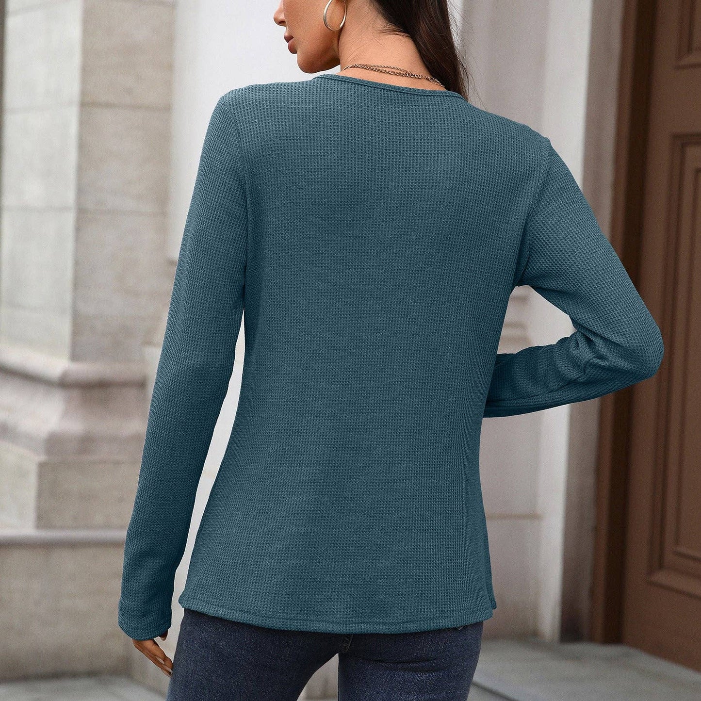 Pure Color Button Neck Pullover | Casual Long Sleeve Top