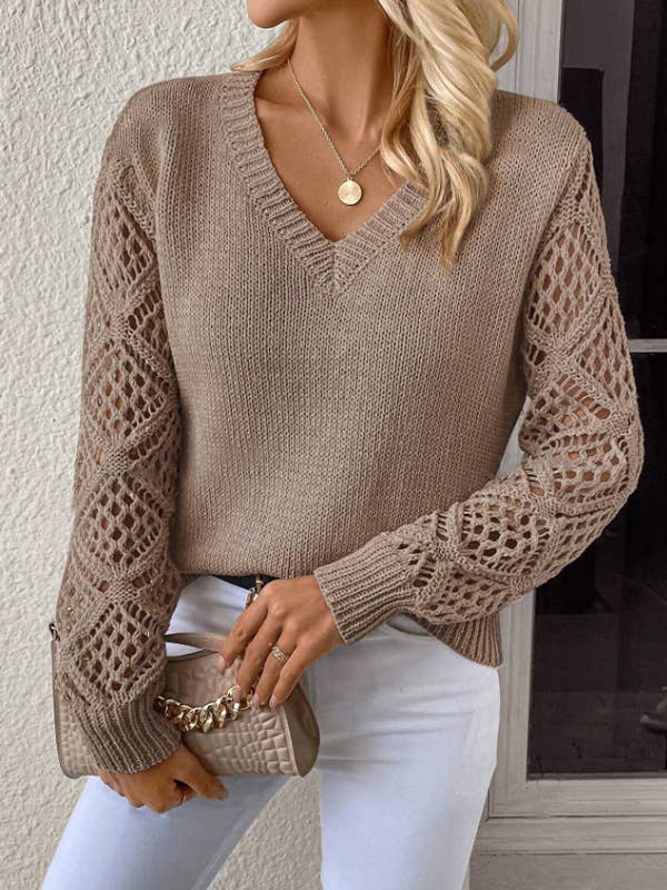 Women's Casual V-Neck Long Sleeve Hollow Knitted Sweater