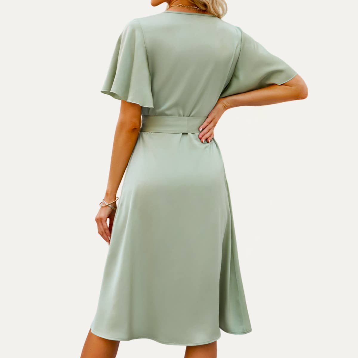 Elegant Lady Satin Flutter Sleeves Faux-Wrap Midi Dress