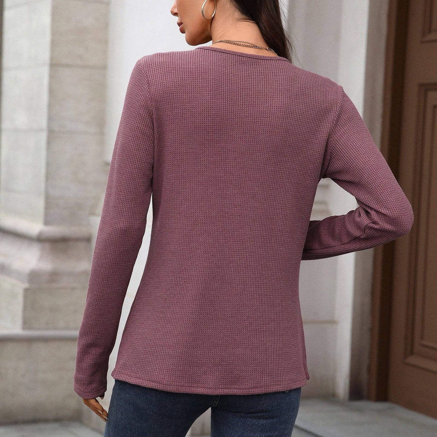 Pure Color Button Neck Pullover | Casual Long Sleeve Top
