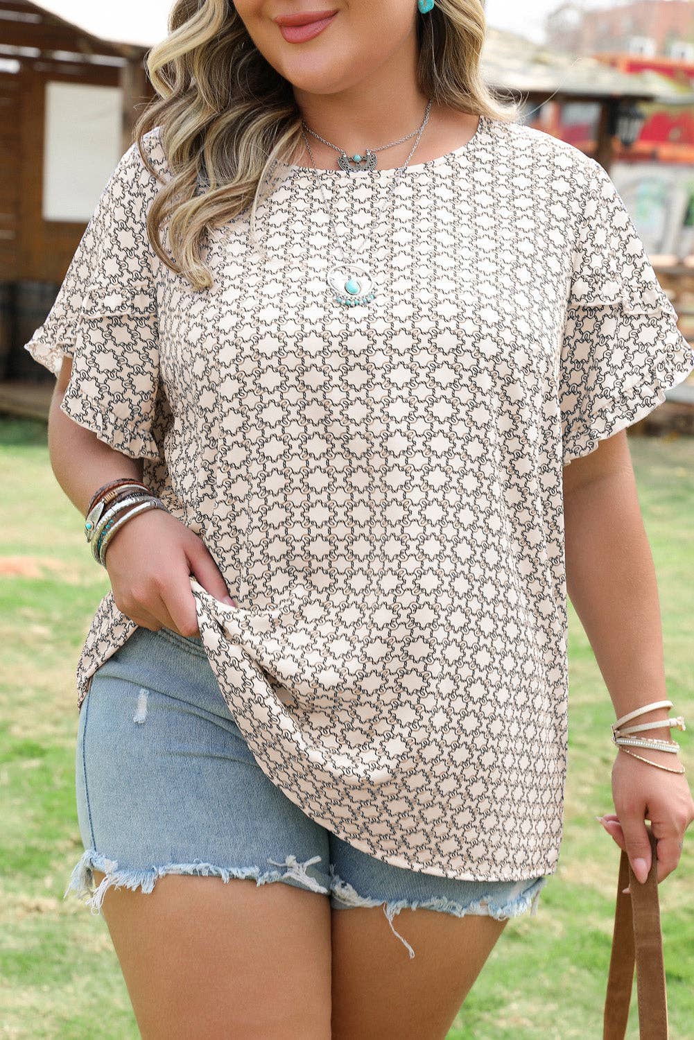 Plus Size Geometric Ruffle Sleeve Blouse
