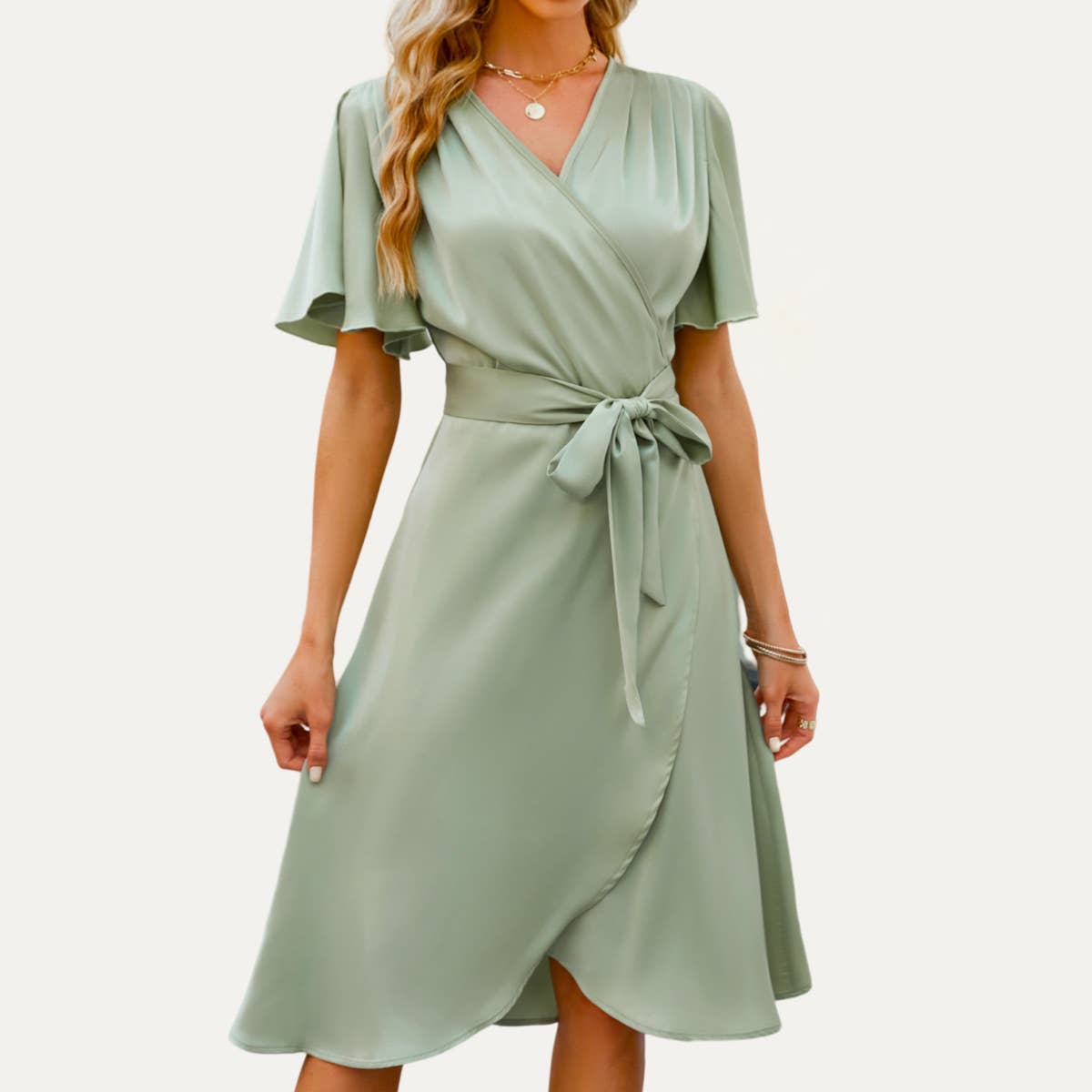 Elegant Lady Satin Flutter Sleeves Faux-Wrap Midi Dress