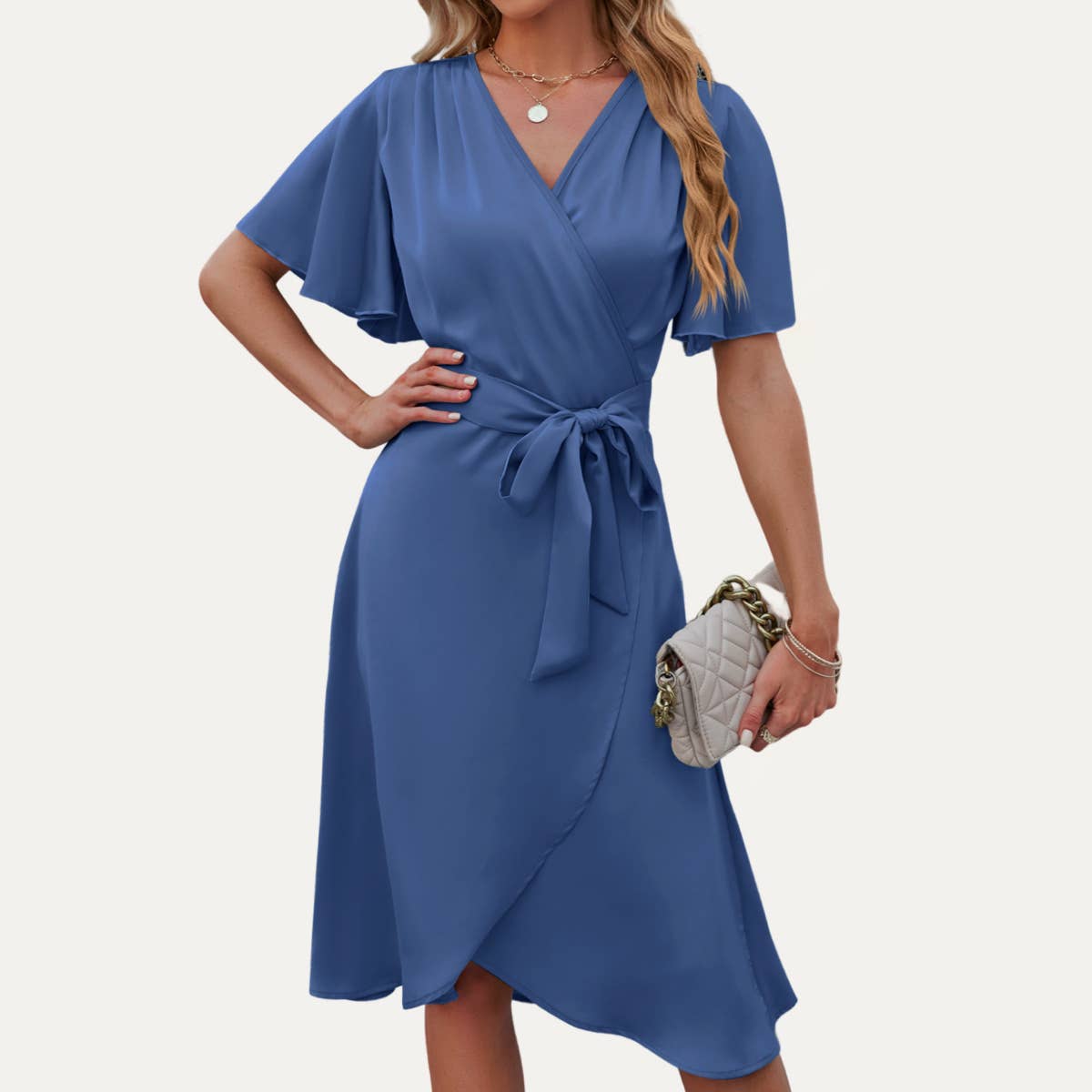 Elegant Lady Satin Flutter Sleeves Faux-Wrap Midi Dress