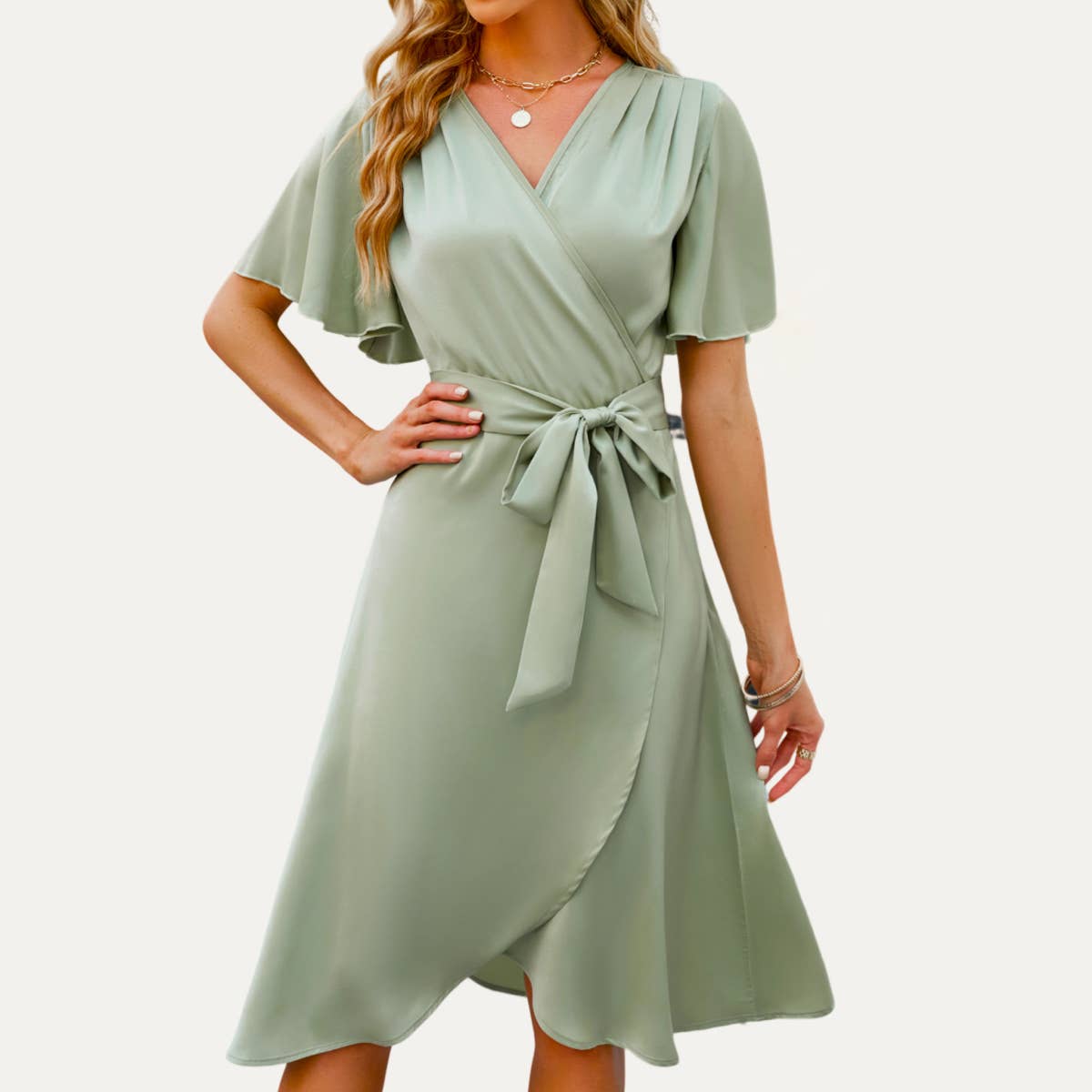Elegant Lady Satin Flutter Sleeves Faux-Wrap Midi Dress