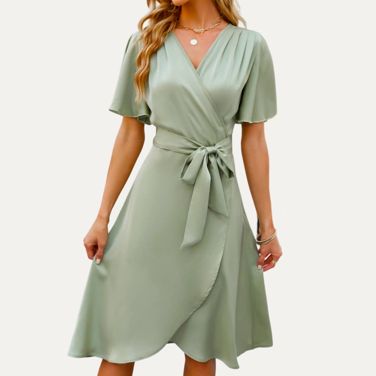 Elegant Lady Satin Flutter Sleeves Faux-Wrap Midi Dress