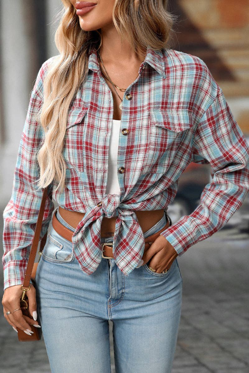 Plaid Button Down Shirt with Chest Pockets and Tie Hem
