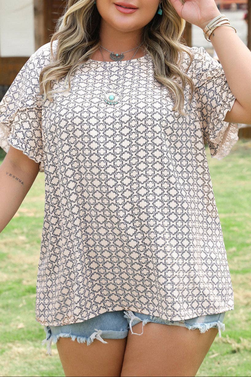 Plus Size Geometric Ruffle Sleeve Blouse