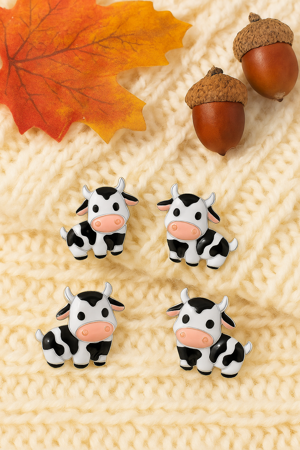 Four small cow figurines on a textured surface with autumn leaves and acorns.