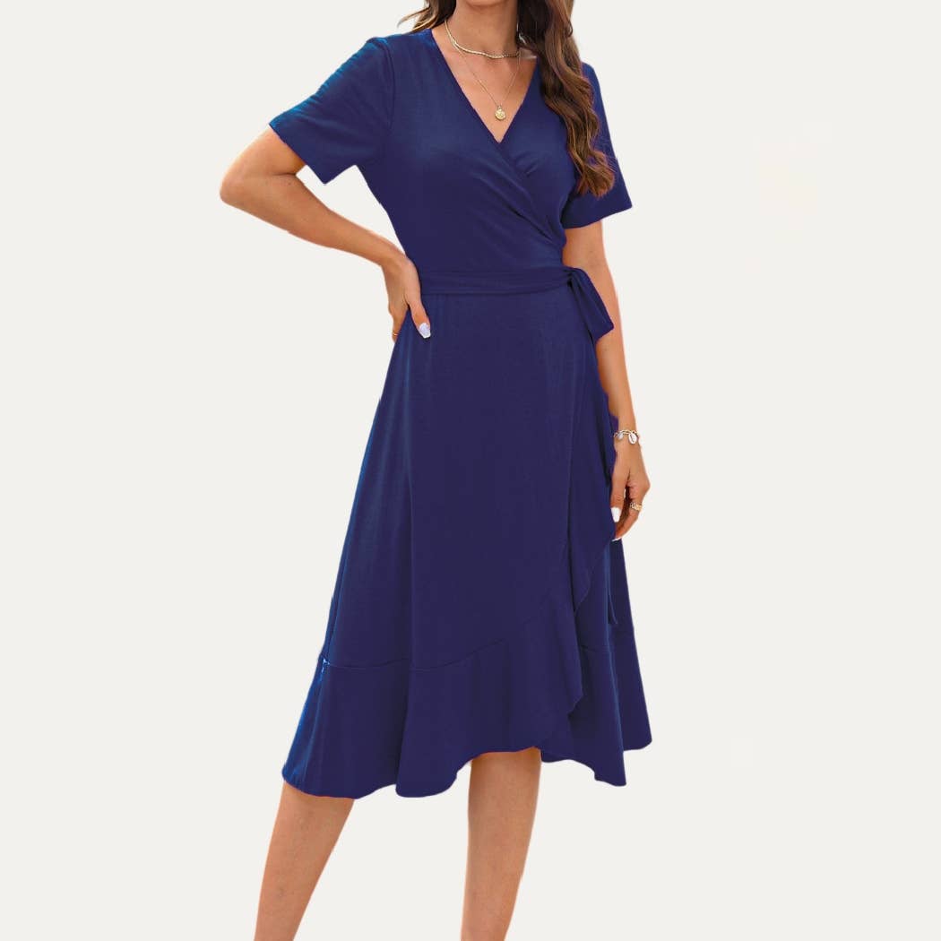 Woman wearing a blue dress on a white background