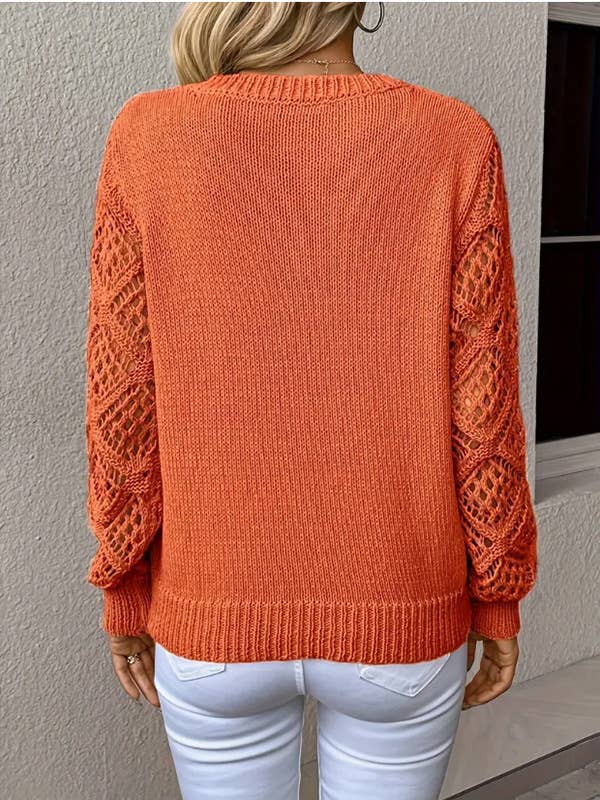 Women's Casual V-Neck Long Sleeve Hollow Knitted Sweater