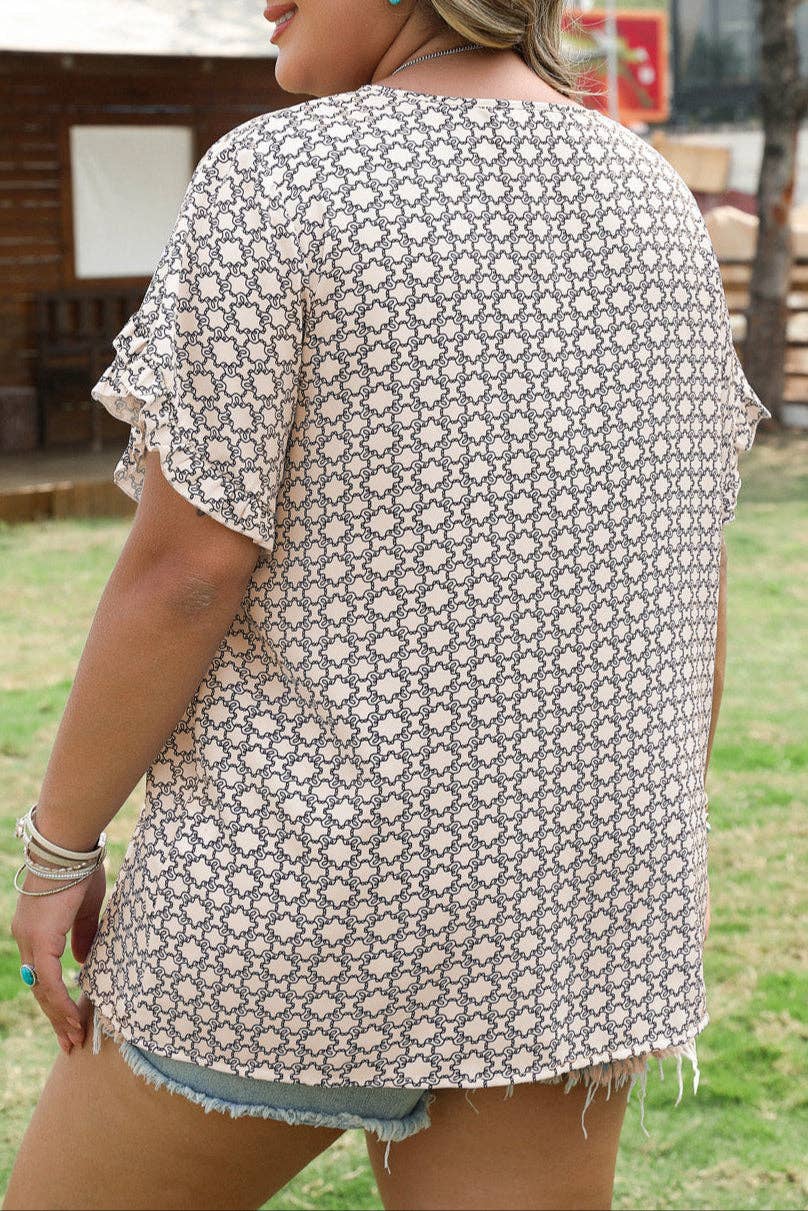 Plus Size Geometric Ruffle Sleeve Blouse