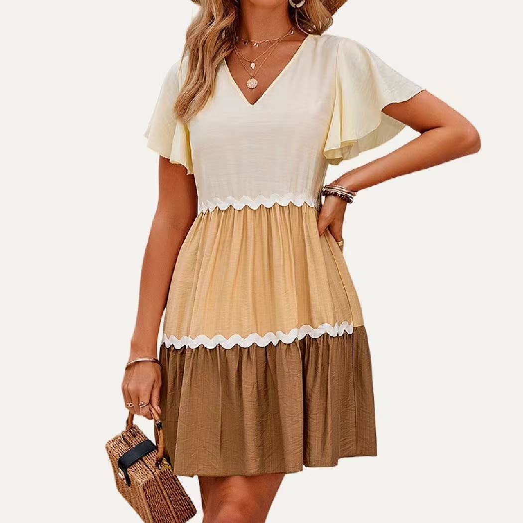 Cutie Color Blocks Round Neck Short Sleeve Mini Dress