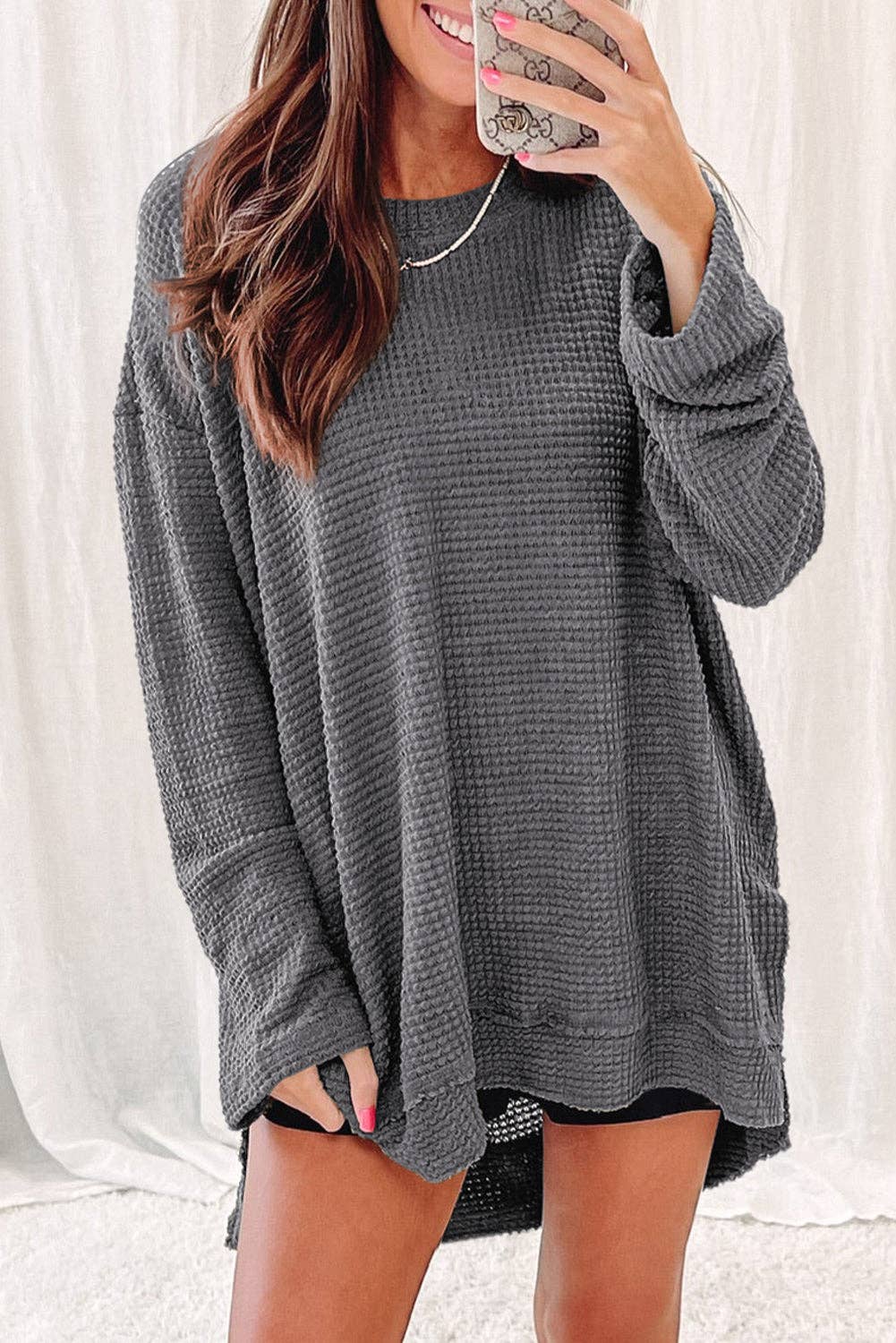 Waffle Knit High Slits Oversized Top