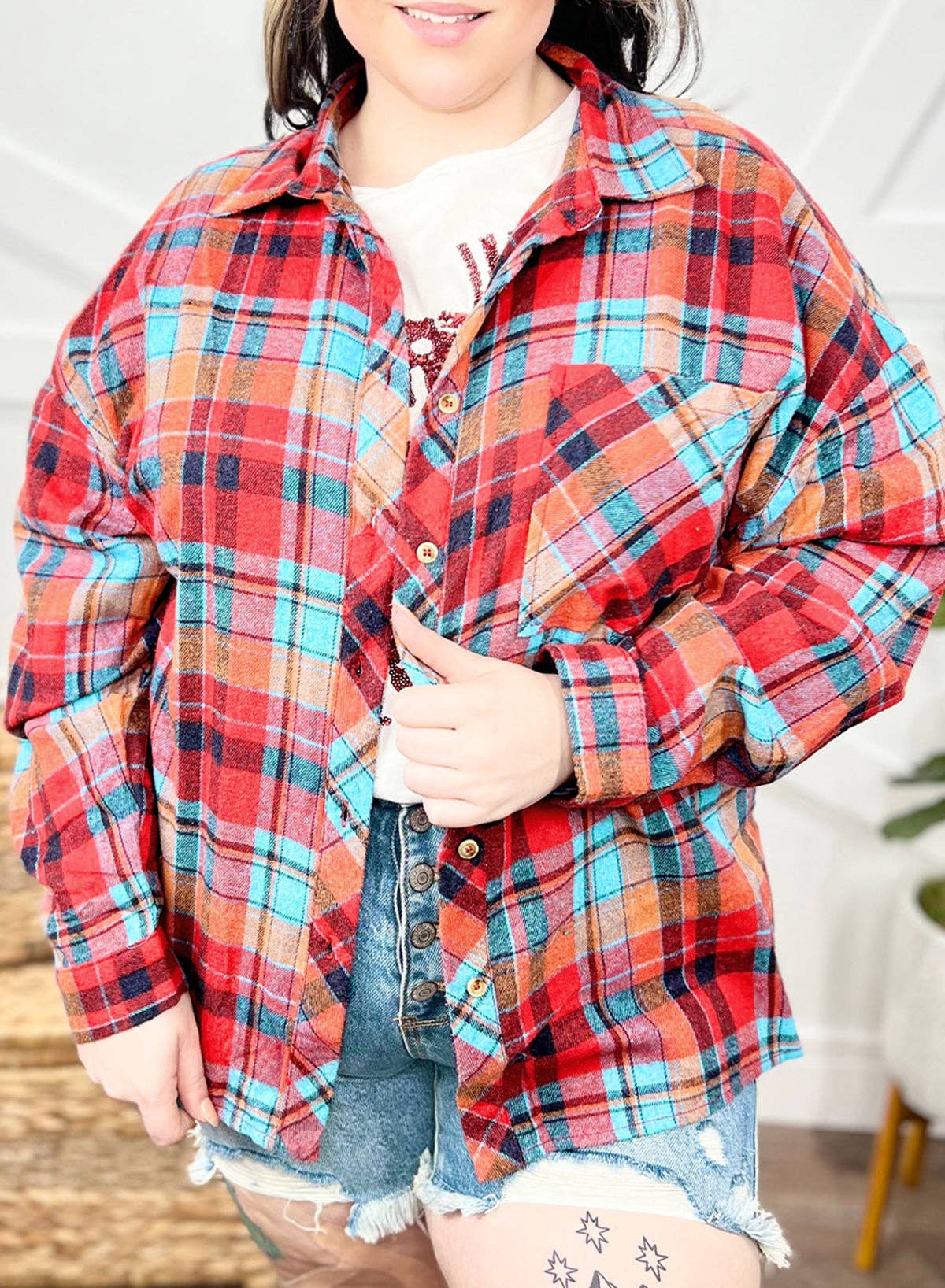 Plaid Buttoned Long Sleeve Shirt Plus Size