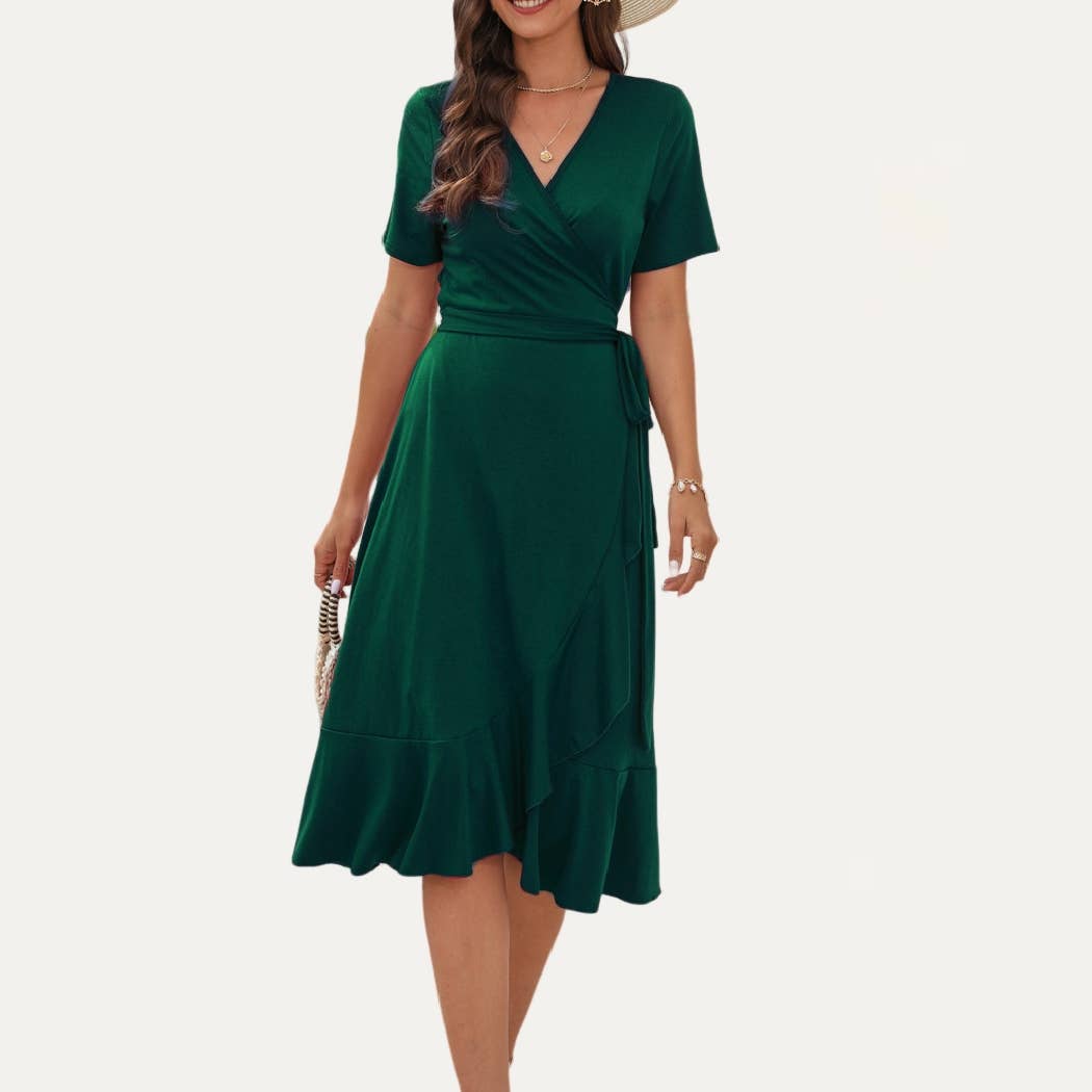 Minimalist Chic One-Piece Wrap Short Sleeve Midi Dress