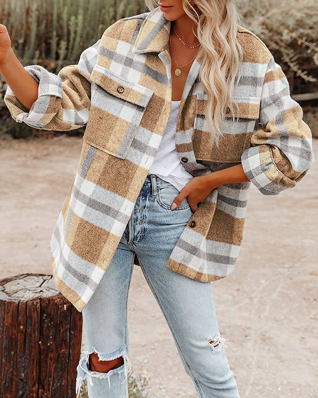 Women's Plaid Button Flannel Shirt Jacket