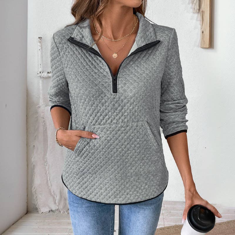 V-neck Zipper Half-open Pullover Sweater Solid Color Waffle Texture Top