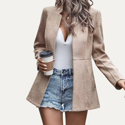 Striped Pattern Mock Neck Open Front Long Sleeve Blazer
