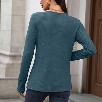 Pure Color Button Neck Pullover | Casual Long Sleeve Top