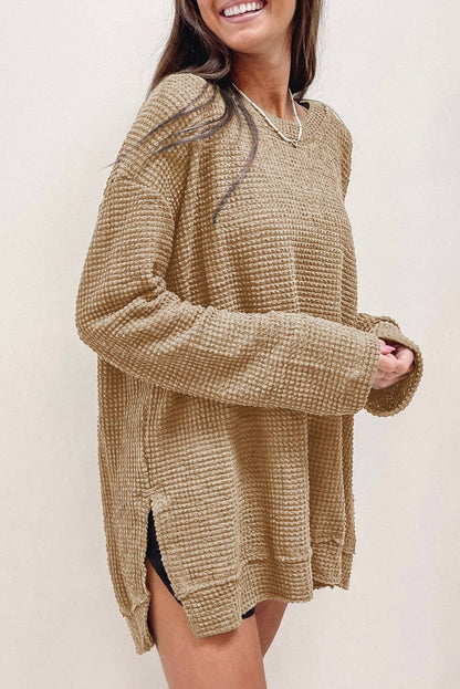 Waffle Knit High Slits Oversized Top