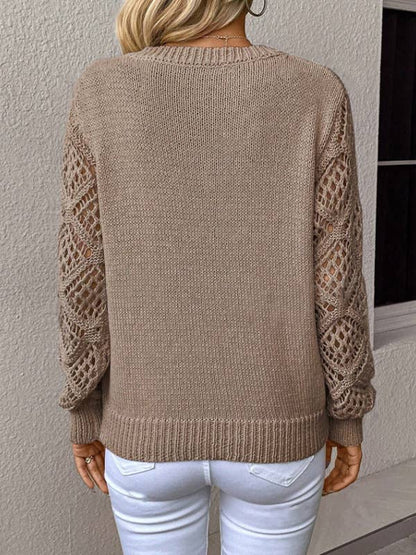 Women's Casual V-Neck Long Sleeve Hollow Knitted Sweater