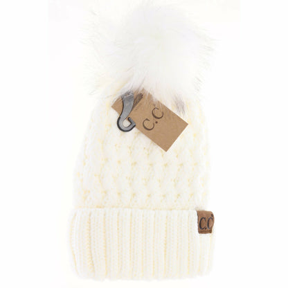 Solid Lattice Stitch Fur Pom CC Beanie YJ826