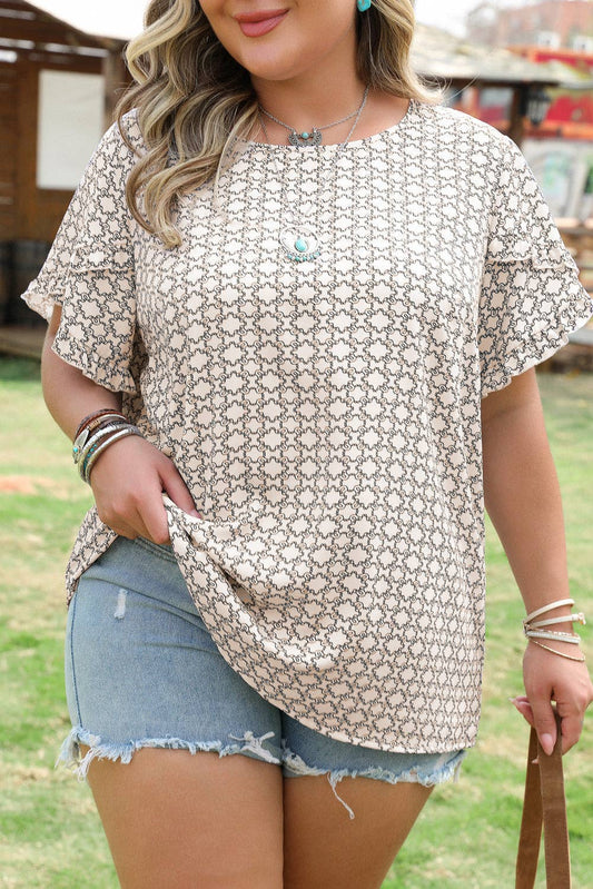 Plus Size Geometric Ruffle Sleeve Blouse