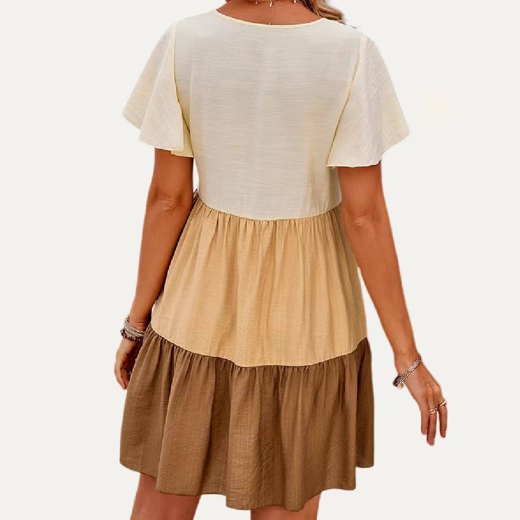Cutie Color Blocks Round Neck Short Sleeve Mini Dress