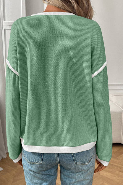 Colorblock Crewneck Knit Look Long Sleeve Pullover Top