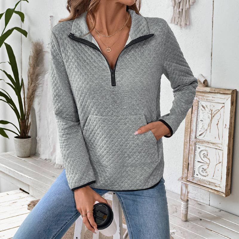 V-neck Zipper Half-open Pullover Sweater Solid Color Waffle Texture Top