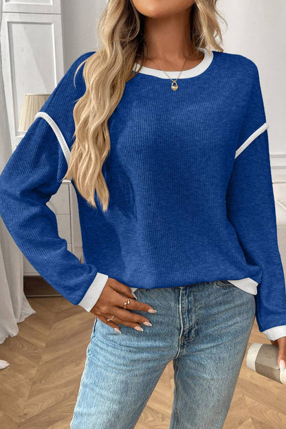 Colorblock Crewneck Knit Look Long Sleeve Pullover Top