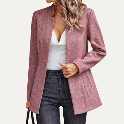 Striped Pattern Mock Neck Open Front Long Sleeve Blazer