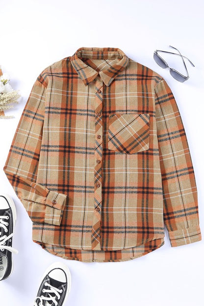 Women Plaid Pocket Buttoned Long Sleeve Shirt