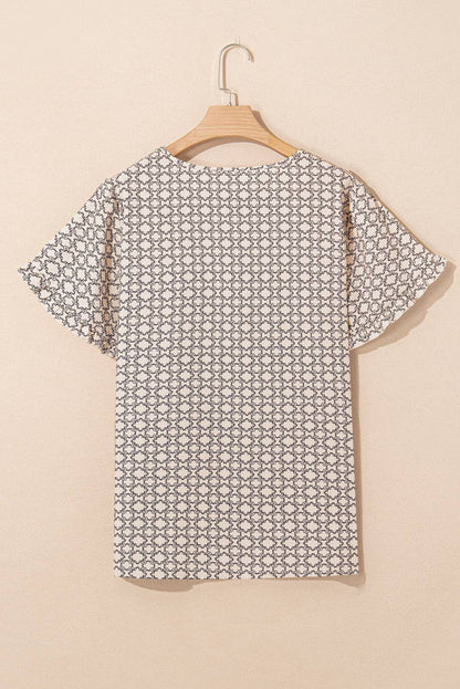 Plus Size Geometric Ruffle Sleeve Blouse