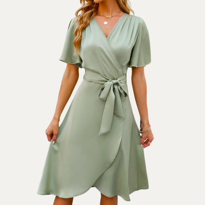 Elegant Lady Satin Flutter Sleeves Faux-Wrap Midi Dress