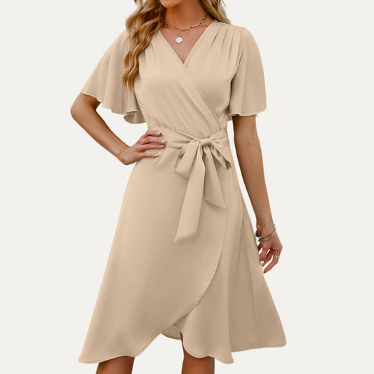 Elegant Lady Satin Flutter Sleeves Faux-Wrap Midi Dress