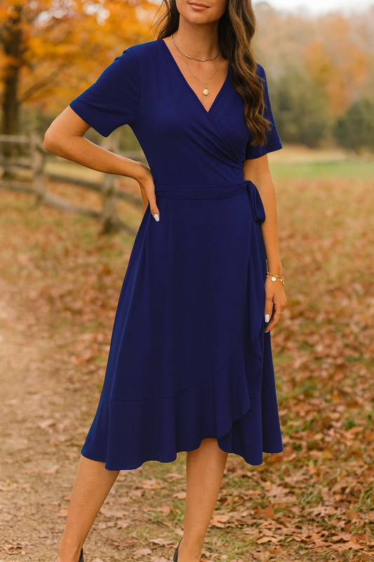 Minimalist Chic One-Piece Wrap Short Sleeve Midi Dress