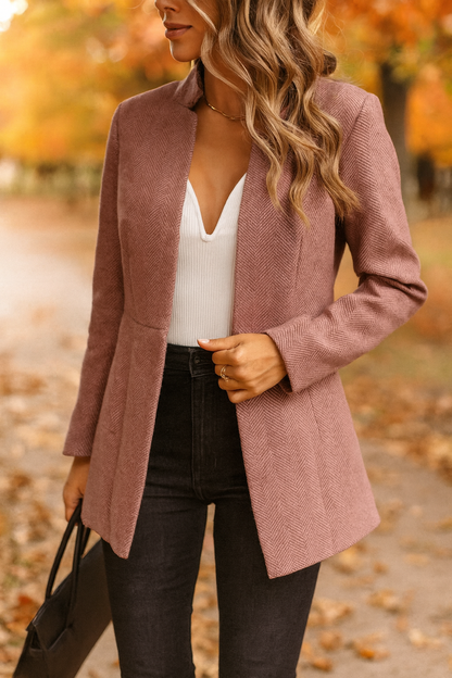 Striped Pattern Mock Neck Open Front Long Sleeve Blazer