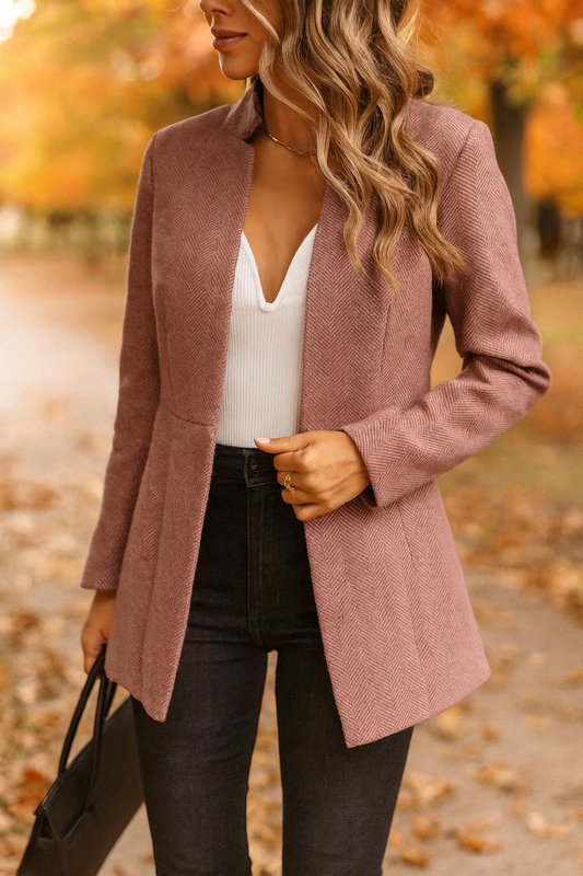 Striped Pattern Mock Neck Open Front Long Sleeve Blazer