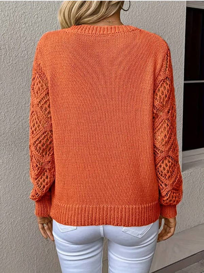 Women's Casual V-Neck Long Sleeve Hollow Knitted Sweater