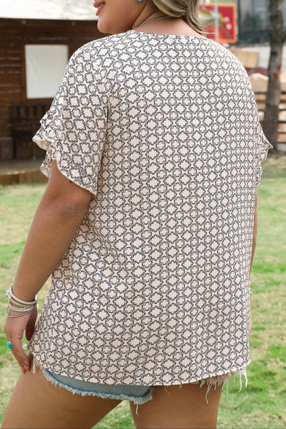 Plus Size Geometric Ruffle Sleeve Blouse