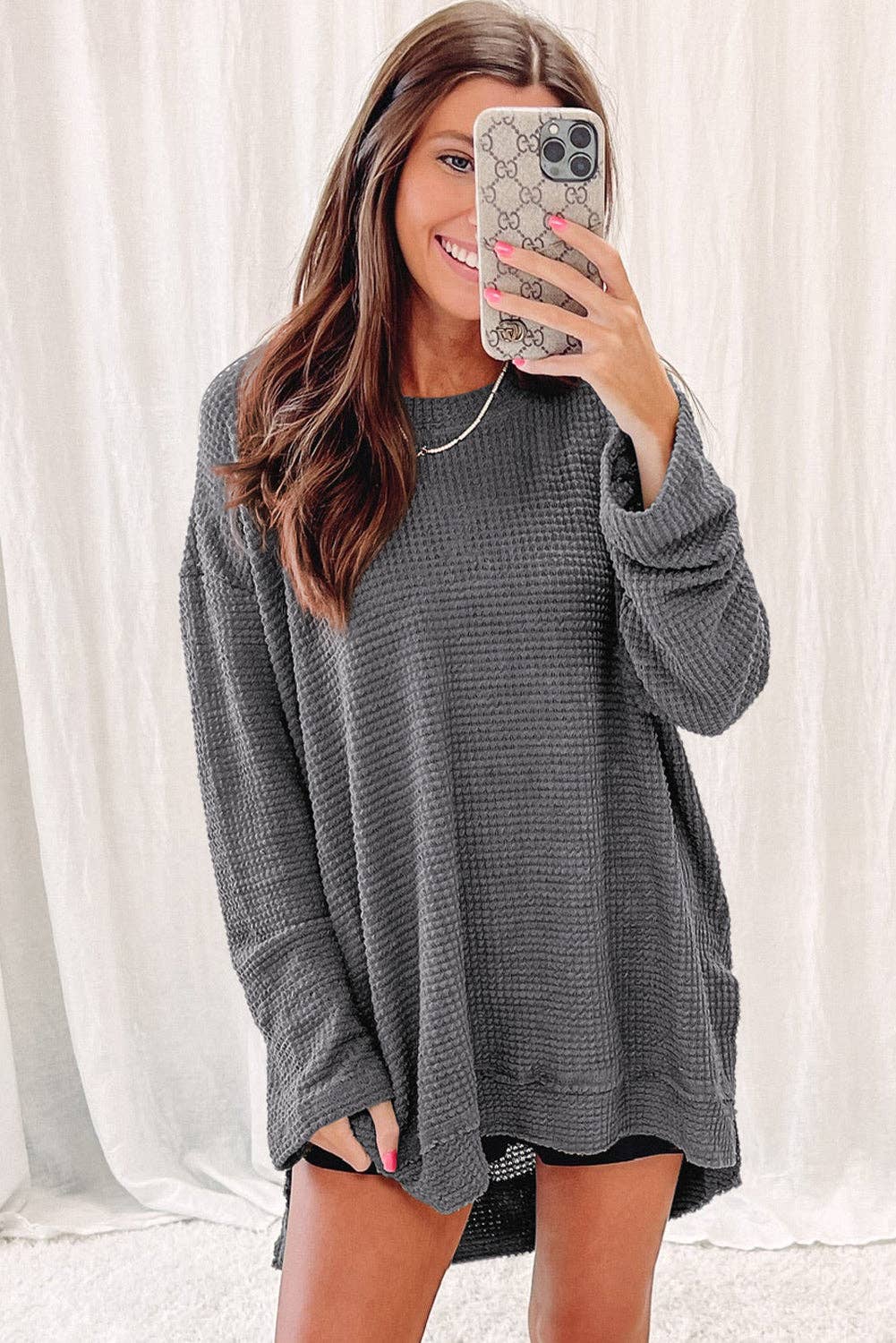 Waffle Knit High Slits Oversized Top