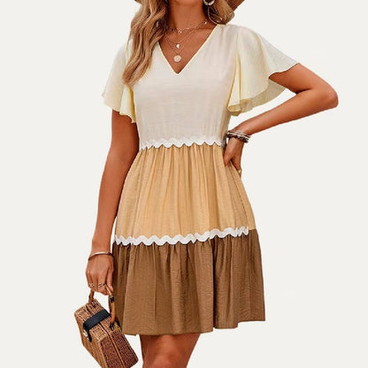 Cutie Color Blocks Round Neck Short Sleeve Mini Dress