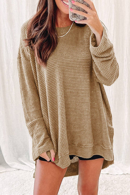 Waffle Knit High Slits Oversized Top